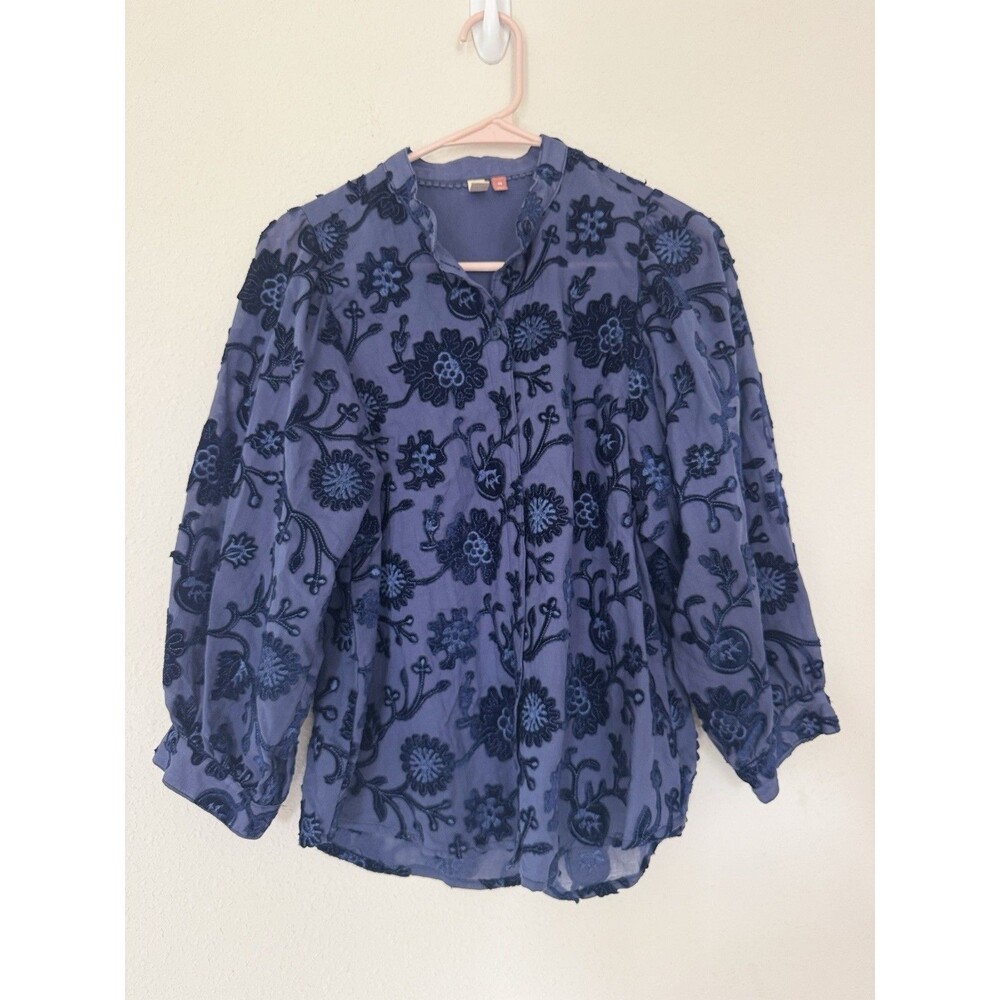Anthropologie Pilcro Blue Velvet Appliqué Button Down Whimsygoth Floral Size M